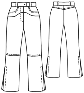 Выкройка брюк с джинсовыми карманами, кокеткой и шлицами в боковых швах